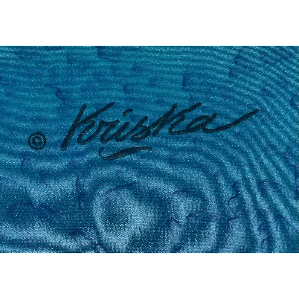 Krisna Hand Painted Blue Turquoise Teal Abstract Fringe Silk Scarf Artwear 8x42